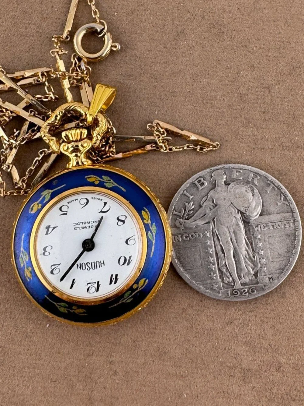 Vintage Hudson Gold Plated Pendant Watch with Blue Guilloche & Red Flower Motifs